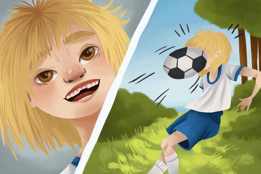 Cartoon of a girl playing soccer with an athletic mouthguard and gets her front teeth chipped