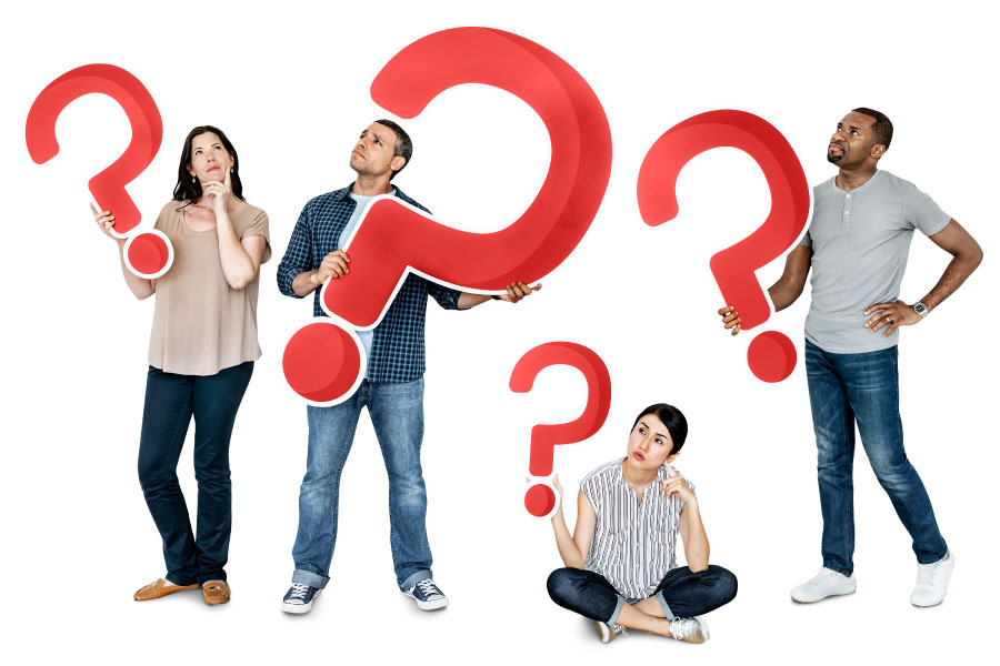 4 people hold red question marks against a white background