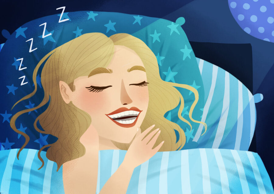 Illustration of a blonde woman sleeping soundly while wearing an oral appliance