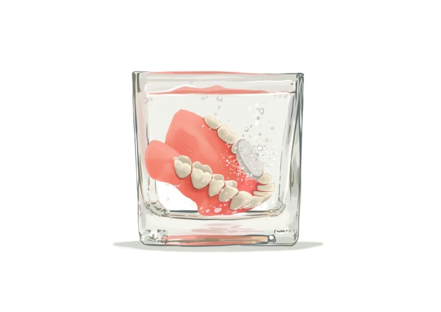 graphic of dentures soaking in glass of denture cleanser, denture care tips